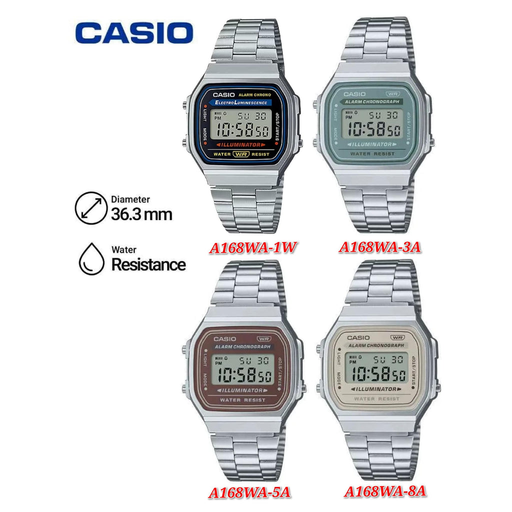 Casio Vintage A168WA-8A Silver Stainless Steel Band Men Watch / Women Watch