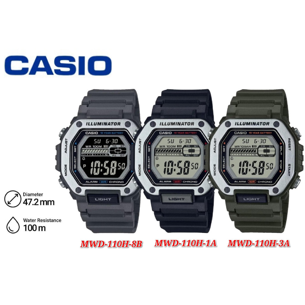 Casio MWD-110H-3A with metal bezel, 10-year battery, enhanced stopwatch and timer
