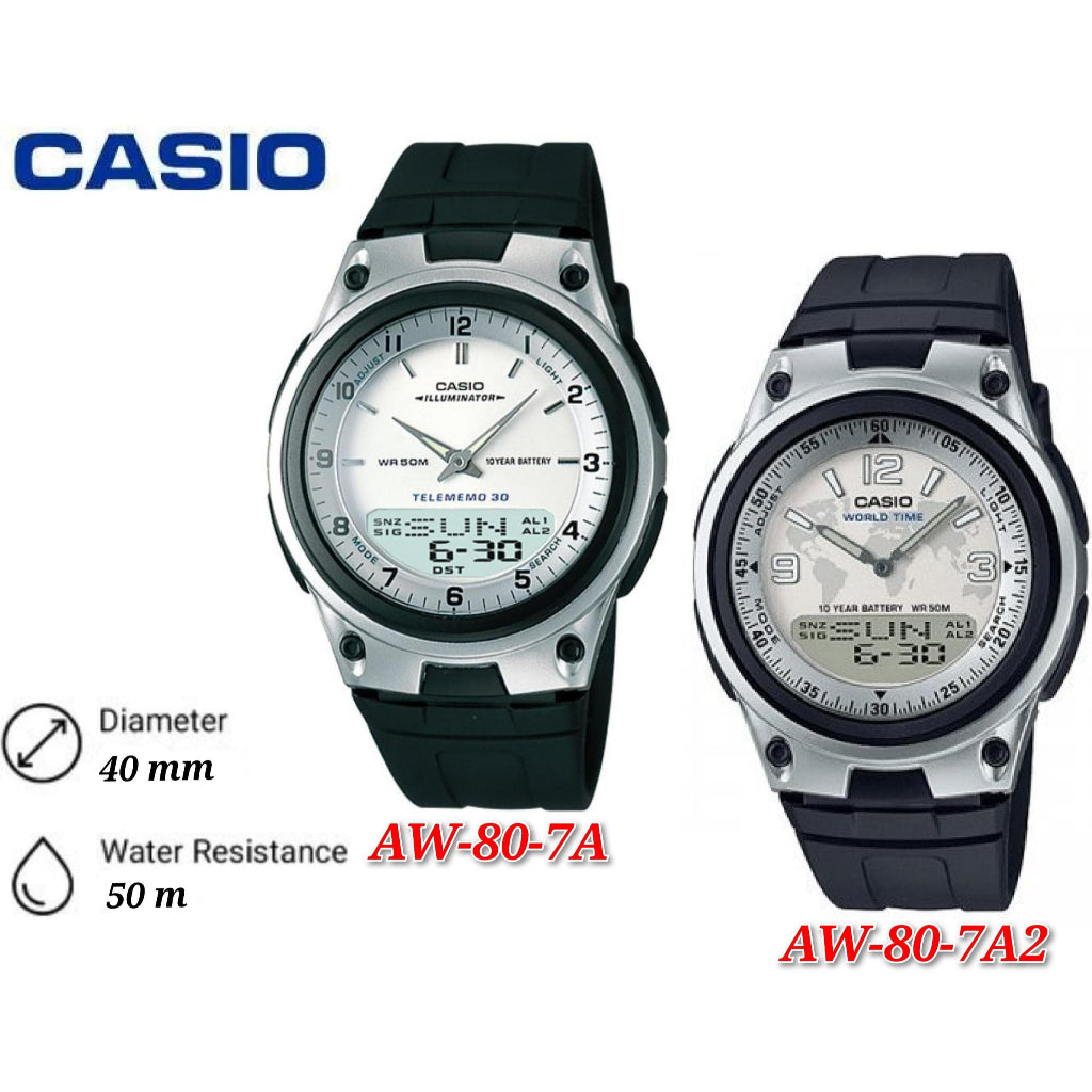 Casio AW-80-7a Men Analog Digital WORLD TIME Silver Case Black Resin Strap