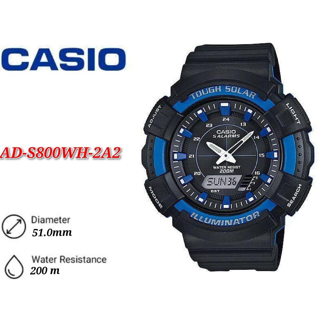 Casio AD-S800WH-2A2 Mens Blue 200M WR Tough Solar Watch 5 ALARMS Chronograph - AD-S800WH