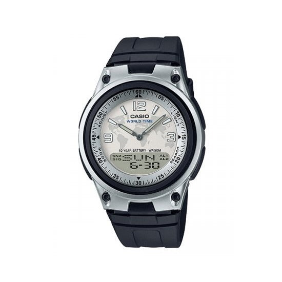 Casio AW-80-7a2 Men Analog Digital WORLD TIME Silver Case Black Resin Strap
