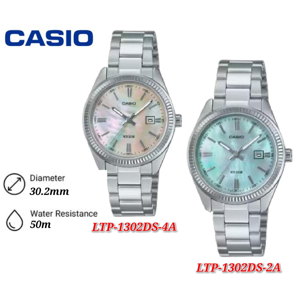 Casio LTP-1302DS Ladies 50M WR Watch Stainless Steel mother of pearl - LTP-1302D