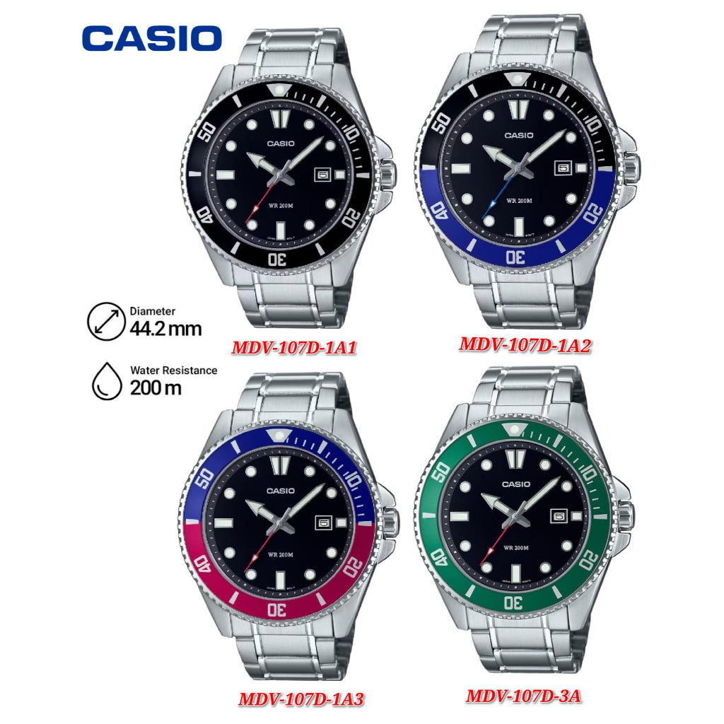 Casio Standard Analog Stainless Steel Black Dial Quartz MDV-107D 200M Men's Watch