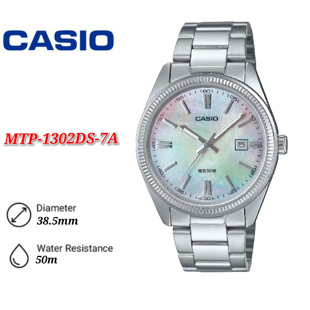 Casio MTP-1302DS Men's 50M WR Watch Stainless Steel mother of pearl - MTP-1302D