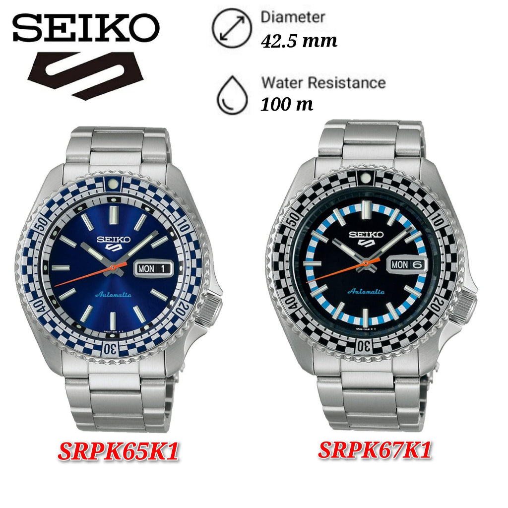 Seiko 5 Sports SRPK65K1 Checker Flag Special Edition Automatic Hardlex Crystal Glass Stainless Steel .