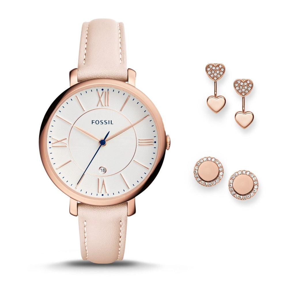 Fossil Women ES4202SET Jacqueline Three-Hand Date Blush Leather Watch & Jewelry Box Set (Blush / Pink)