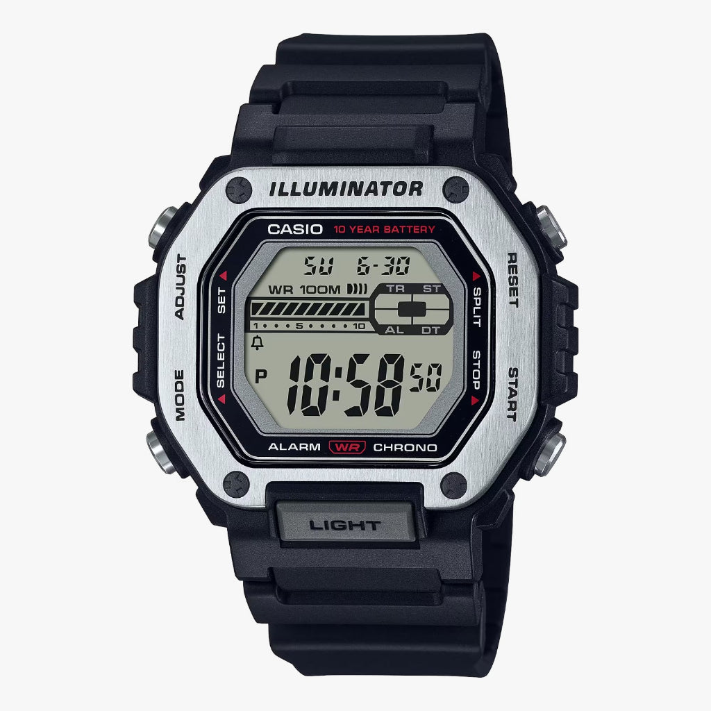 Casio MWD-110H-1A with metal bezel, 10-year battery, enhanced stopwatch and timer