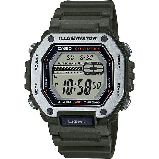 Casio MWD-110H-3A with metal bezel, 10-year battery, enhanced stopwatch and timer