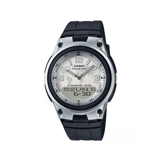 Casio AW-80-7a2 Men Analog Digital WORLD TIME Silver Case Black Resin Strap