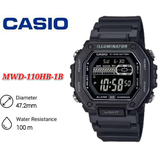 Casio MWD-110HB-1B with metal bezel, 10-year battery, enhanced stopwatch and timer . MWD-110H