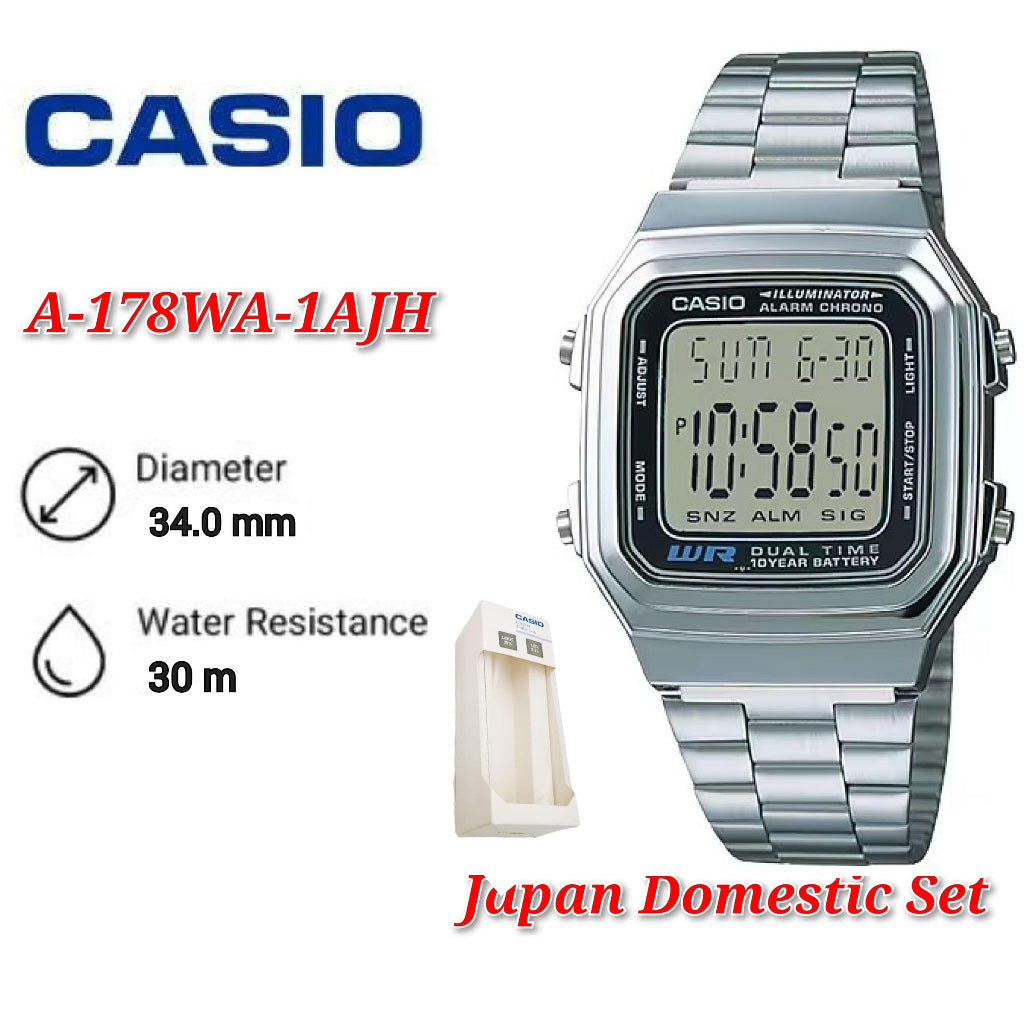 (Japan Set) Casio A178WA-1AJH Unisex Digital Vintage Series Stainless Steel  Watch . A178WA