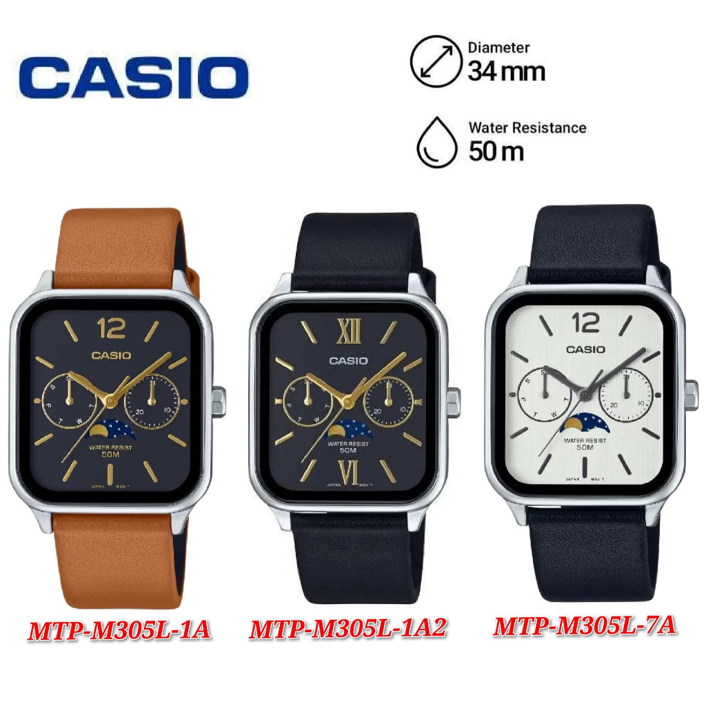 Casio MTP-M305L-1A2 Series Men Watch Moon Phase Display Analog Quartz Leather Band .