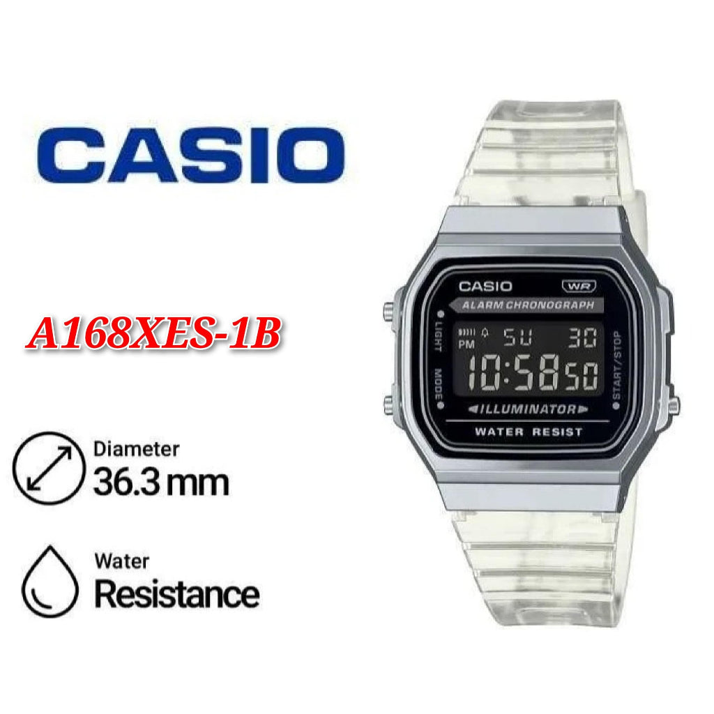 Casio Vintage A168XES-1B Unisex White Transparent Resin Band Digital Watch .