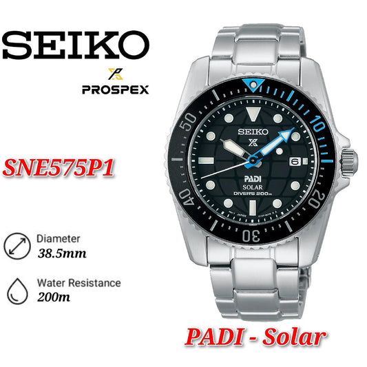 Seiko SNE575P1 Prospex PADI Compact Solar Scuba Diver Solar Power Special Edition Sapphire Glass Diver's 200M Watch