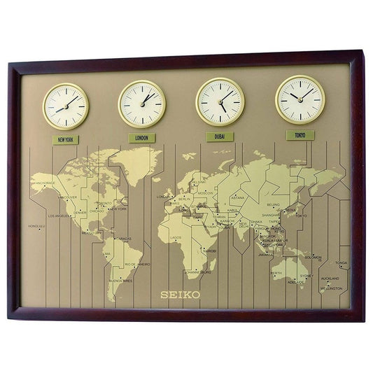 Seiko Clock QXA722B Multi Time Clock World Map World 4 Time Zone Wooden Case Wall Clock QXA722