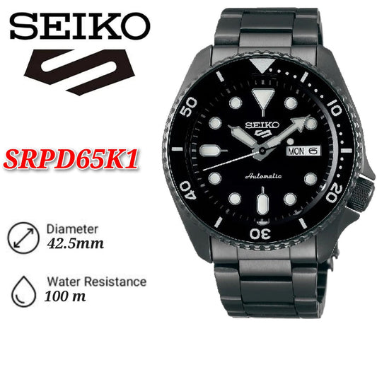 Seiko 5 Sports Superman SRPD65K1 Automatic 100M Black Dial Black Stainless Steel Bracelet Men's Watch