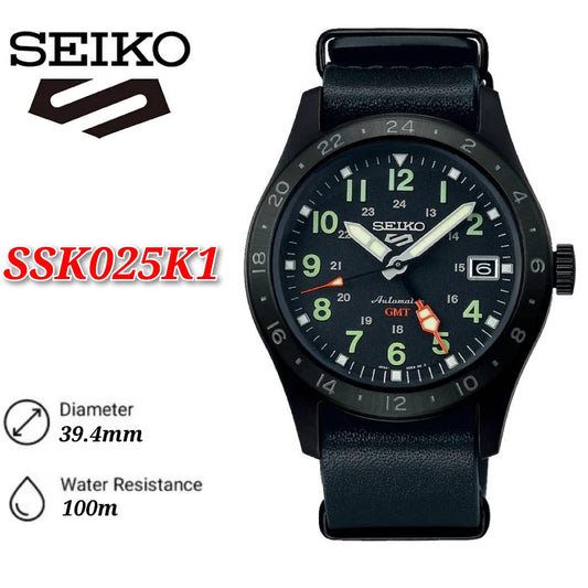 Seiko 5 Sports SSK025K1 GMT Automatic Curved Hardlex Glass Stainless Steel Case & Leather Strap Men's Watch