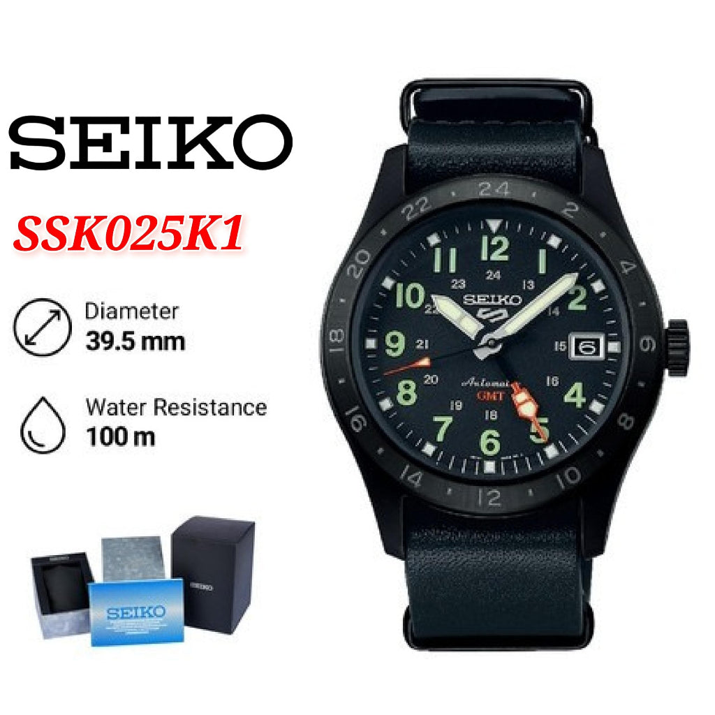 Seiko 5 Sports SSK025K1 GMT Automatic Curved Hardlex Glass Stainless Steel Case & Leather Strap Men's Watch