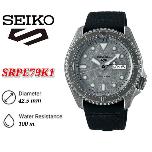 Seiko 5 Sports Superman SRPE79K1 Vintage Automatic 100M Silvery Grey Dial Black Calfskin Topped Silicone Strap .