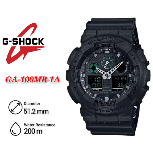 Casio G-Shock GA-100MB-1A Black Dial Green Accents Matte Black Resin Men Sports Watch - GA-100