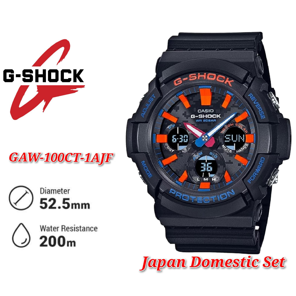 (Japan Set) Casio G-Shock GAW-100CT-1A Tough Solar City Camouflage Series Analog Digital Black Resin Band Men Sport