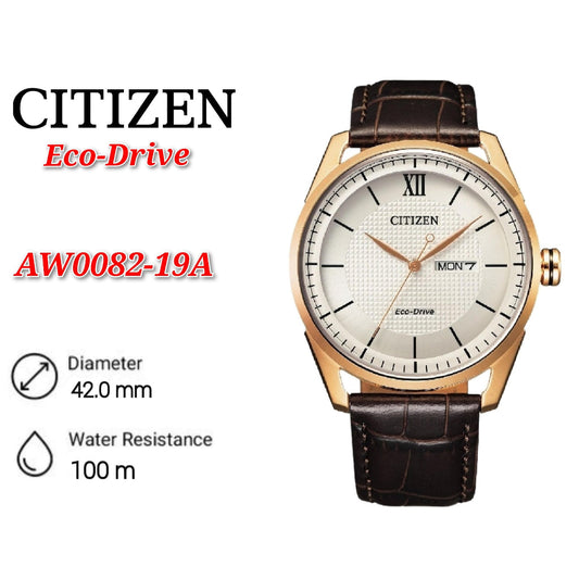 Citizen AW0082-19A Eco Drive Ivory Dial Rose Gold Stainless Steel Case Brown Leather Strap Men's Watch