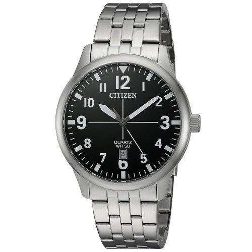 CITIZEN BLACK DIAL QUARTZ WATCH WITH STAINLESS STEEL BRACELET BI1050-81F