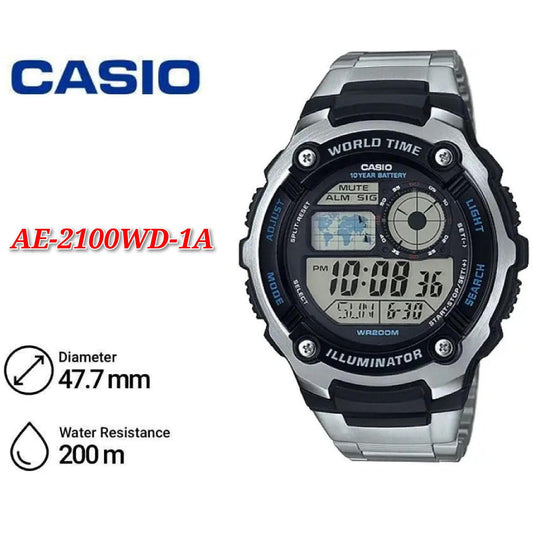 Casio AE-2100WD-1A Stainless Steel Strap Watch digital world time - AE-2100WD